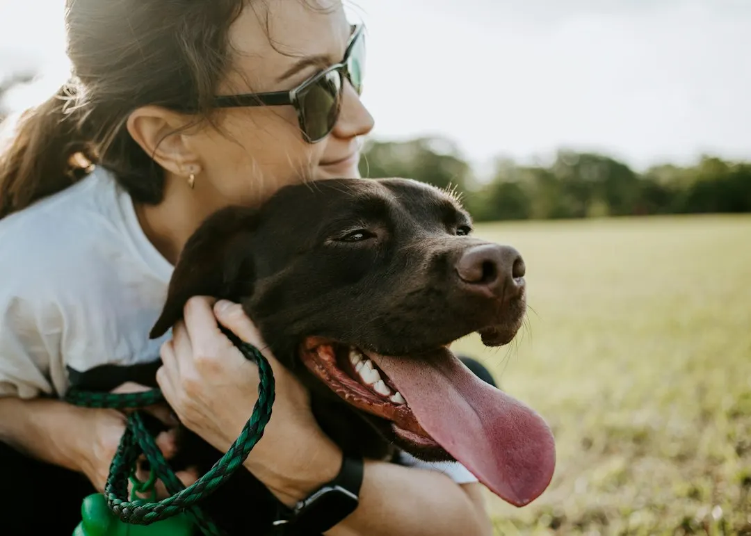 A smiling woman hugs her black dog, who is panting happily in a sunny park